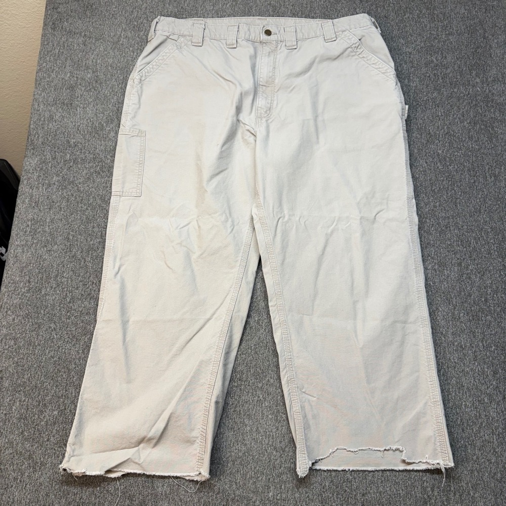 Carhartt B151 TAN Dungaree Fit Canvas Work Pants Distressed Raw Hem Mens 44x34